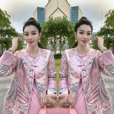 气质复古立领提花盘口上衣女显瘦