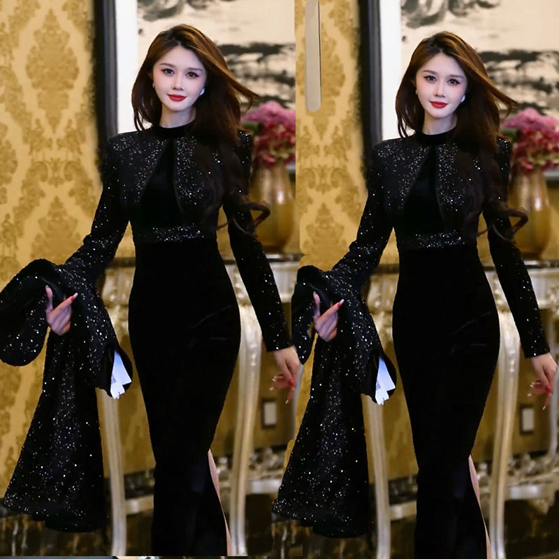 2024秋新款名媛时尚亮片拼接假两件中长款裙子收腰显瘦包臀连衣裙