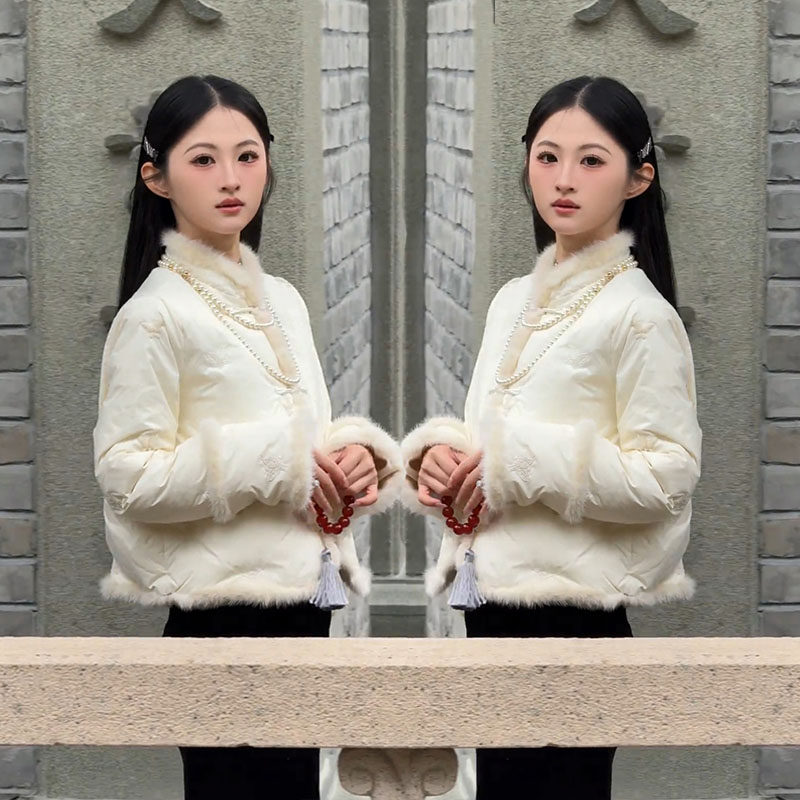 立领盘扣刺绣短款保暖棉服半身裙