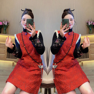 旗袍裙女国风盘扣提花拼毛毛马甲裙小衫 精致时尚 新中式 2025冬新款