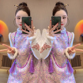 国风气质减龄套装 裙女冬新款 复古盘扣刺绣毛毛边马甲 新中式 小衫