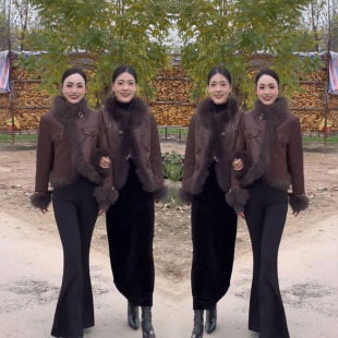 2024冬季新款欧货时尚韩版狐狸毛领轻奢复古皮毛一体棉服短外套女