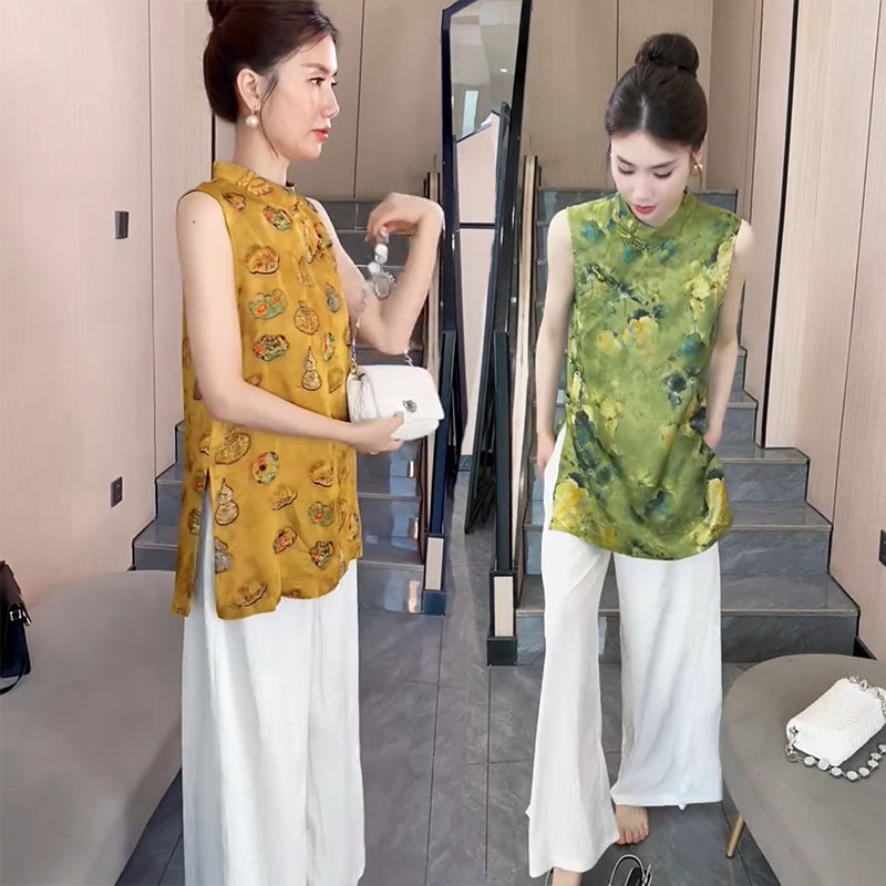 新中式气质时尚精致套装女夏季国风盘口无袖碎花上衣+显瘦阔腿裤 - 韩派靓丽衣族出品