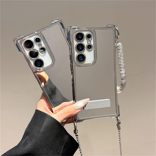 适用于三星S24Ultra镜面手机壳电镀银S25Plus S22斜跨背带女全包防摔保护套 S23