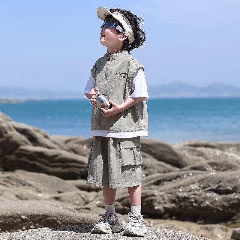 法国男童套装2026新款夏季帅气洋气儿童短袖工装衣服男孩夏装薄款