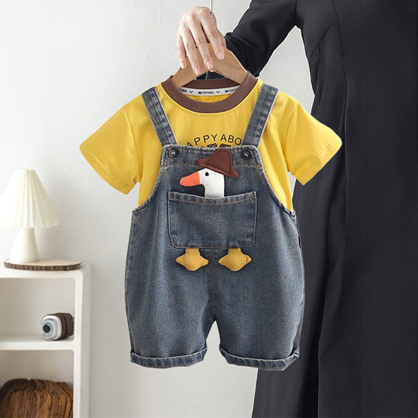 法国BADNUT男童夏季套装2026新款卡通牛仔短袖背带裤婴儿分体夏装