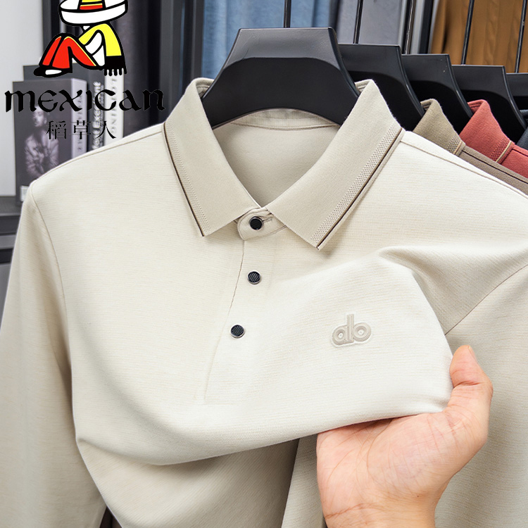 稻草人精纺羊绒衫男士薄款百搭提花商务休闲翻领长袖t恤针织毛衣