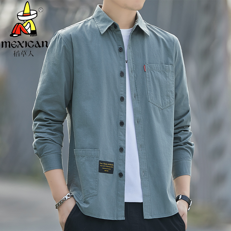 稻草人纯棉男士秋季长袖衬衣休闲工装衬衫宽松休闲时尚百搭外套潮