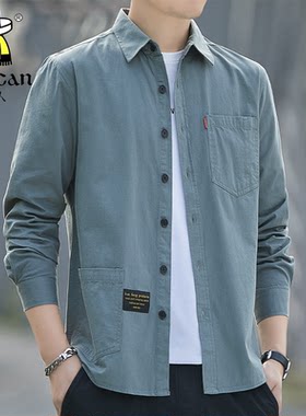 稻草人纯棉男士秋季长袖衬衣休闲工装衬衫宽松休闲时尚百搭外套潮