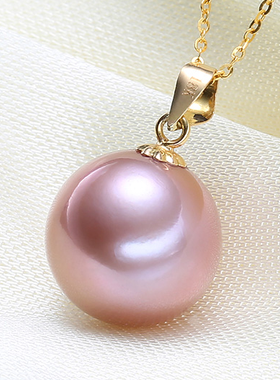 925纯银珍珠项链紫色天然淡水珠珍珠粉吊坠正圆强光送妈妈送女友