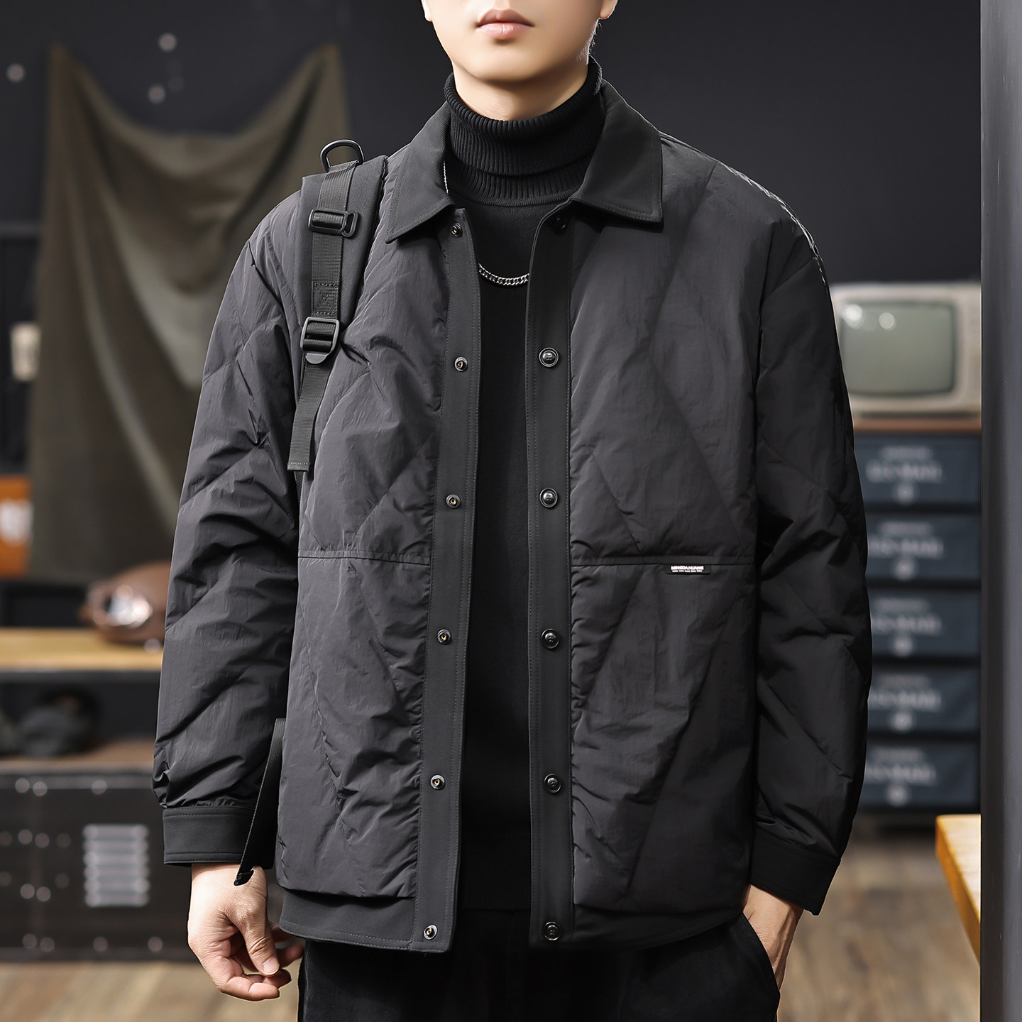 美式潮牌衬衫式轻薄羽绒服男2025