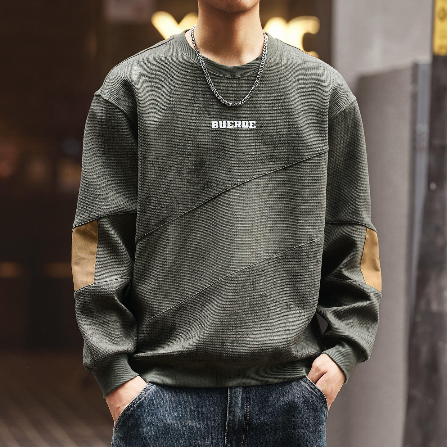 格蓝鹿美式重磅肌理拼接男士卫衣2025秋季加绒宽松长袖印花上衣男