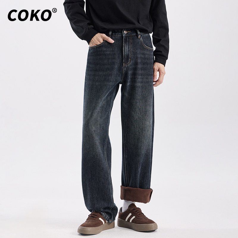 2025冬季重磅复古合奥粒绒牛仔裤男士宽松直筒加绒加厚保暖长裤子