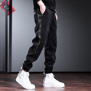秋冬季休闲裤男潮牌迷彩撞色束脚裤高级感加绒灯芯绒华夫格男裤子