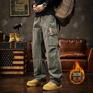美式高端加绒工装裤男加厚2025秋冬季新款军绿色宽松直筒休闲裤子