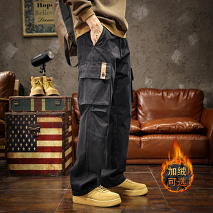 美式高端加绒加厚工装裤男2025秋冬新款军绿色宽松直筒休闲长裤子