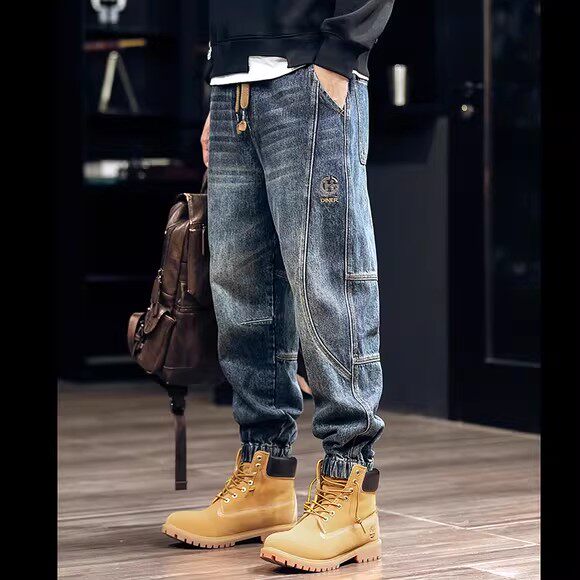MRCHAOKE春秋工装牛仔裤男士束裤长裤美式拼接哈伦裤宽松大码裤子