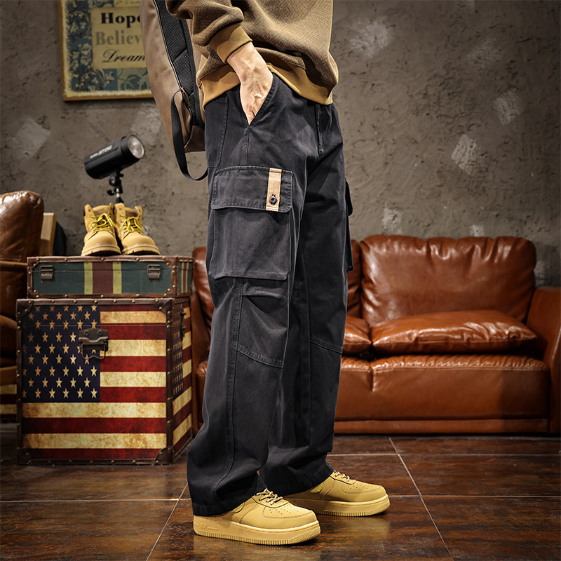 美式高端加绒加厚工装裤男2025秋冬新款军绿色宽松直筒休闲长裤子