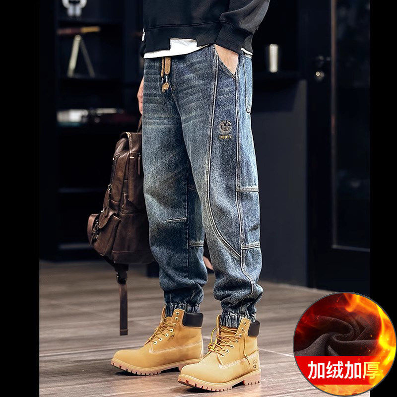 MRCHAOKE秋冬加绒加厚工装牛仔裤男士美式拼接哈伦裤宽松大码裤子,男装,牛仔裤,淘宝优惠券,粉丝福利购,淘宝优惠卷