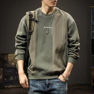 美式复古长袖内搭春季卫衣男拼接大码春秋新款外套2025男士上衣潮