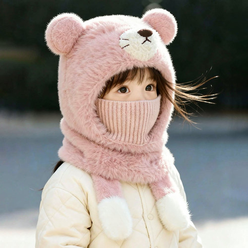 儿童帽子围脖一体毛绒帽女孩洋气冬季保暖可爱套头帽男女童护耳帽