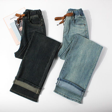 加长版松紧腰直筒牛仔裤女175高个子宽松大码显瘦阔腿裤超长110cm