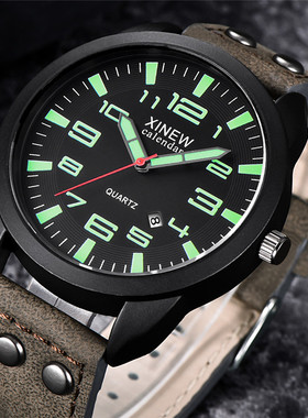XINEW品牌男士手表ins时尚皮革表带日历石英表初中高中学生腕表男
