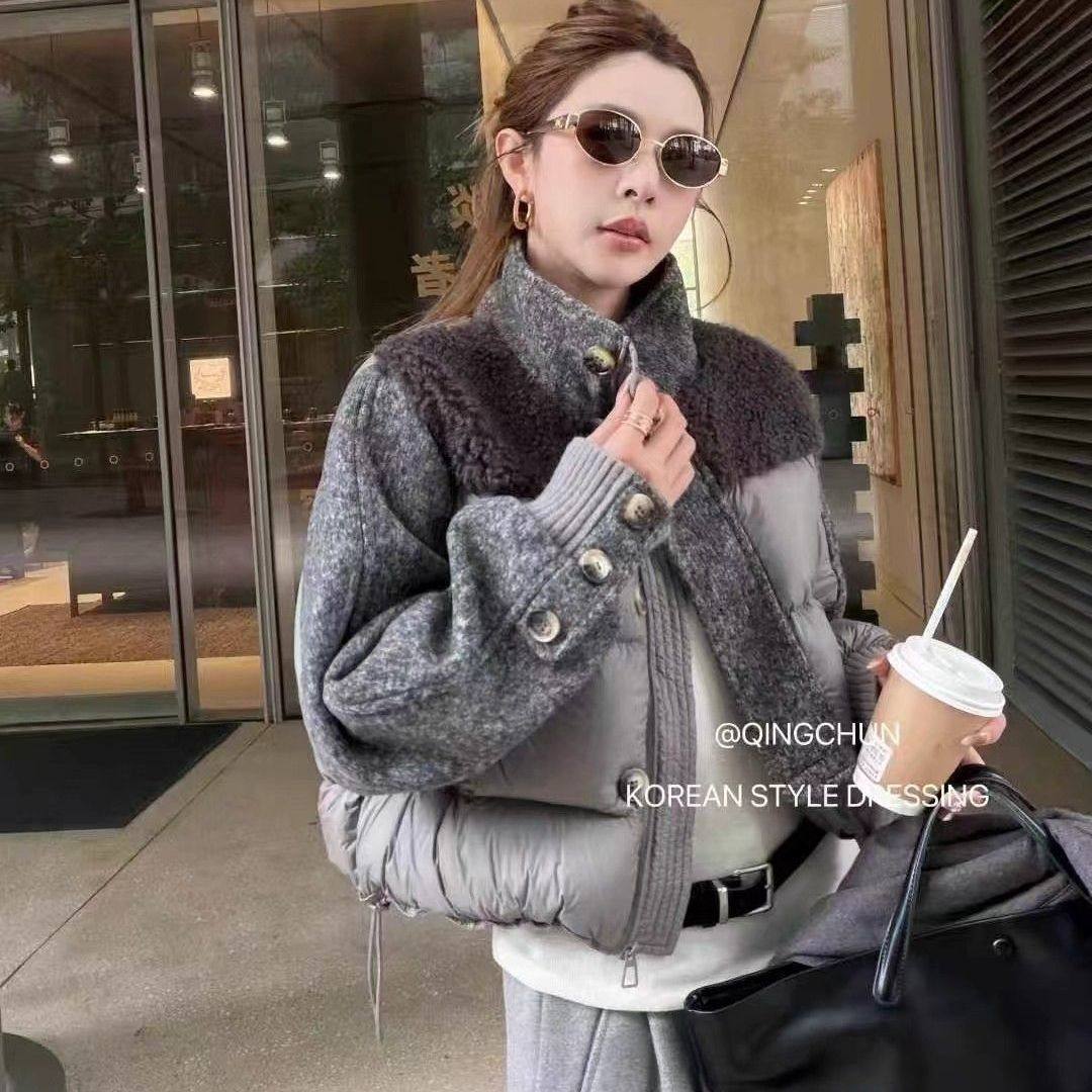 小香风羊羔毛拼接立领白鸭绒羽绒服女短款时尚高级感小个子外套冬