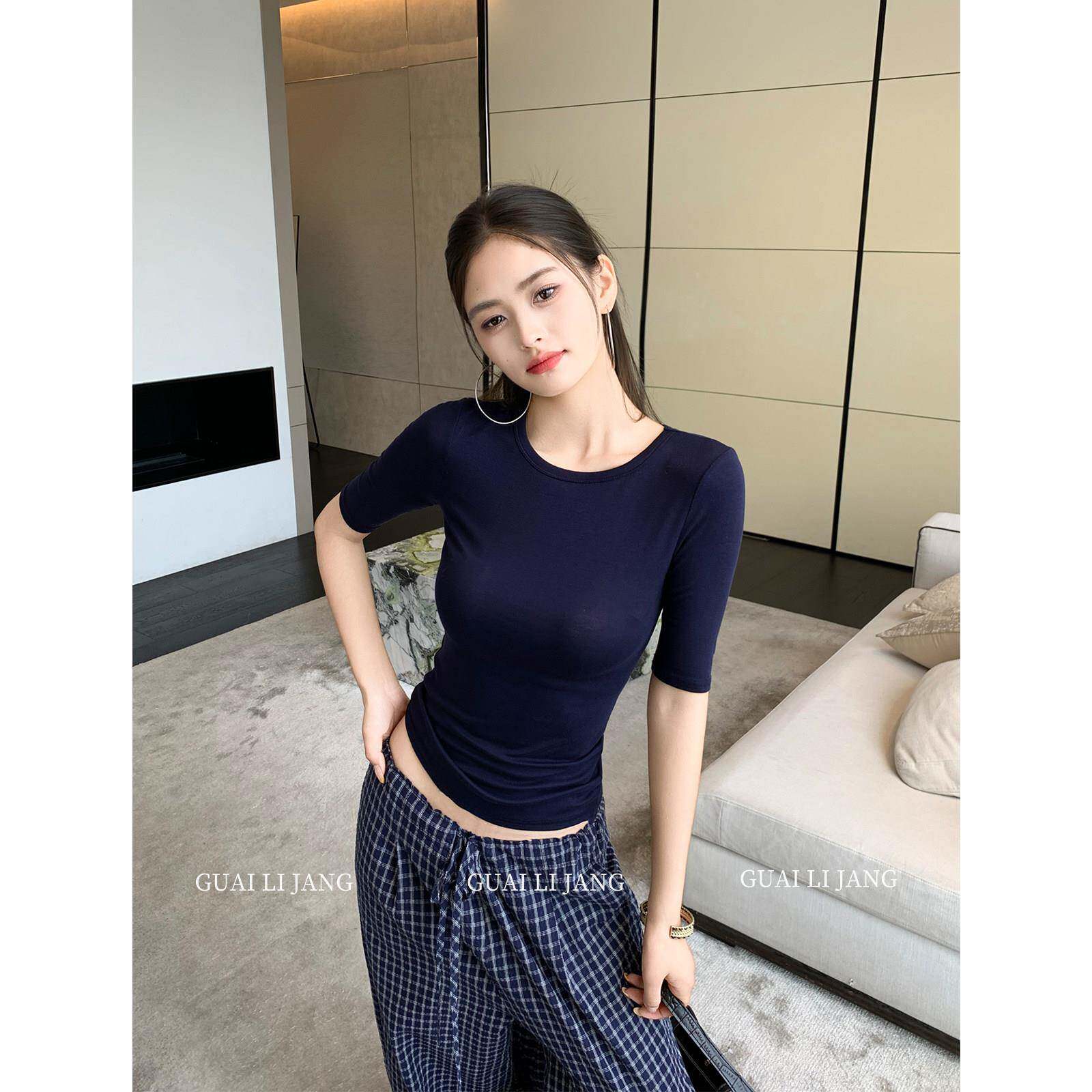怪力酱 正肩紧身天丝圆领短袖T恤女春夏微透辣妹修身收腰中袖上衣