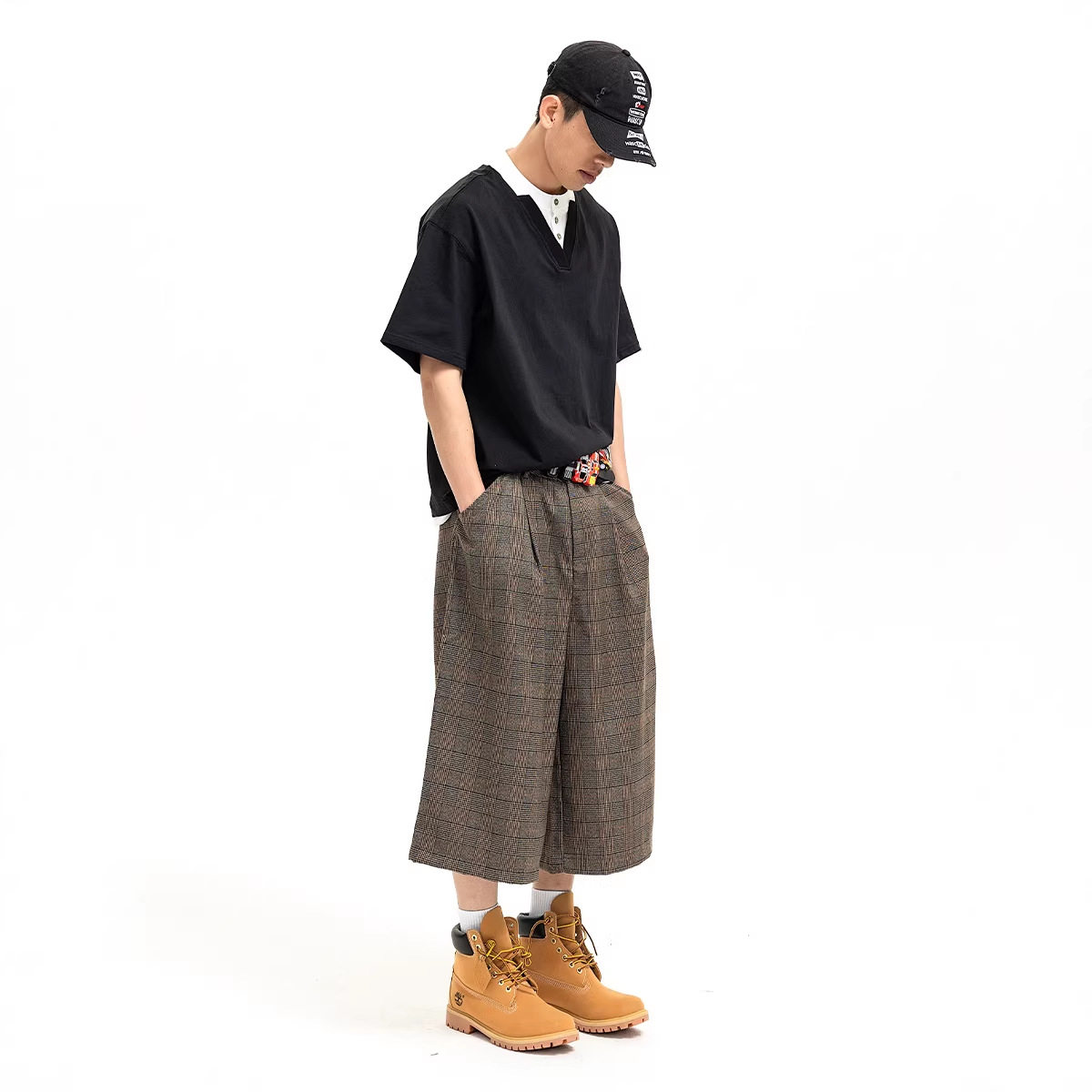 纯黑白撞领假两件男士Polo衫