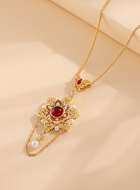 朵素新中式红色镶钻花朵毛衣链