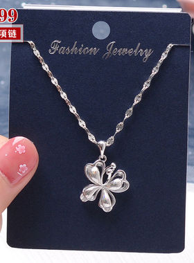S999纯银项链女锁骨链新款足银拉丝七彩蝴蝶吊坠银首饰情人节礼物