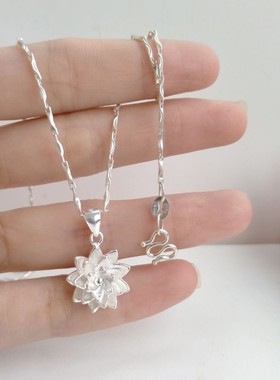 S999纯银女士项链新款莲花足银锁骨链吊坠首饰送女朋友情人节礼物