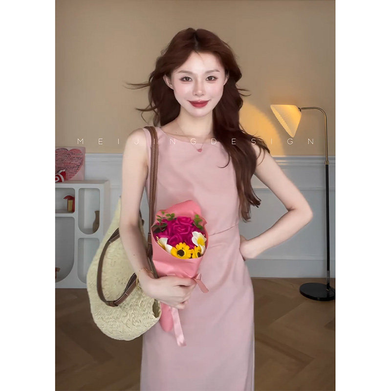 parkyeon甜美风粉色无袖背心连衣裙女夏季设计感系带收腰长裙子图片