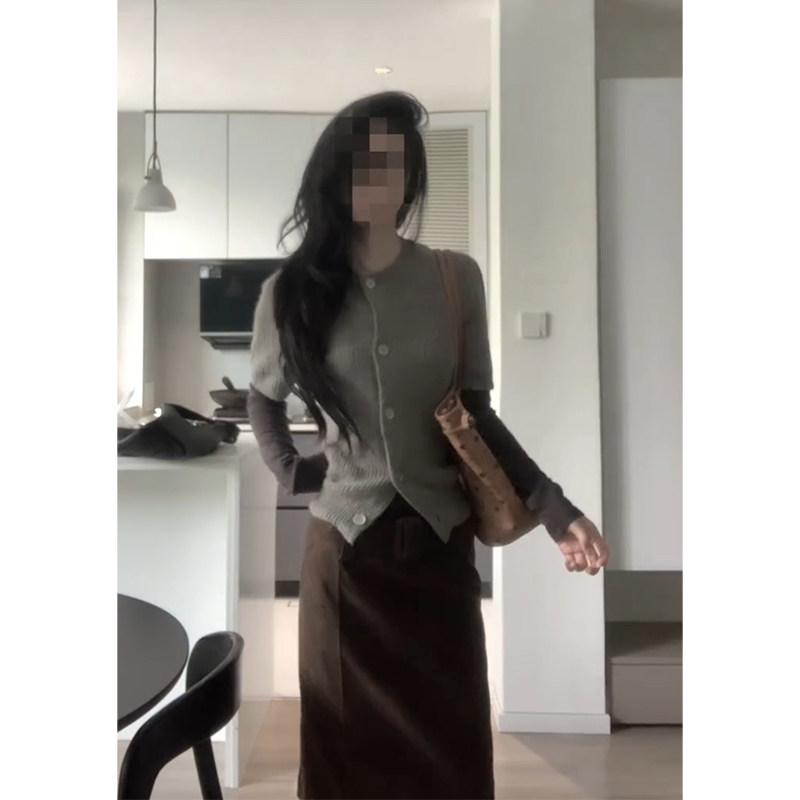秋冬新款韩系坑条针织开衫叠穿打底上衣高腰包臀裙套装