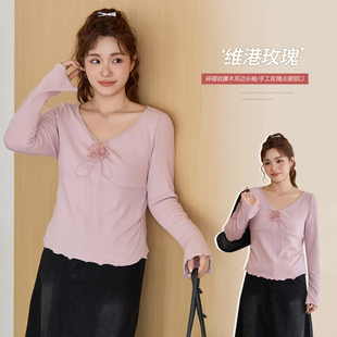 胖mm大码 韩系正肩玫瑰V领木耳边长袖 新款 针织小衫 T恤65467 女秋季