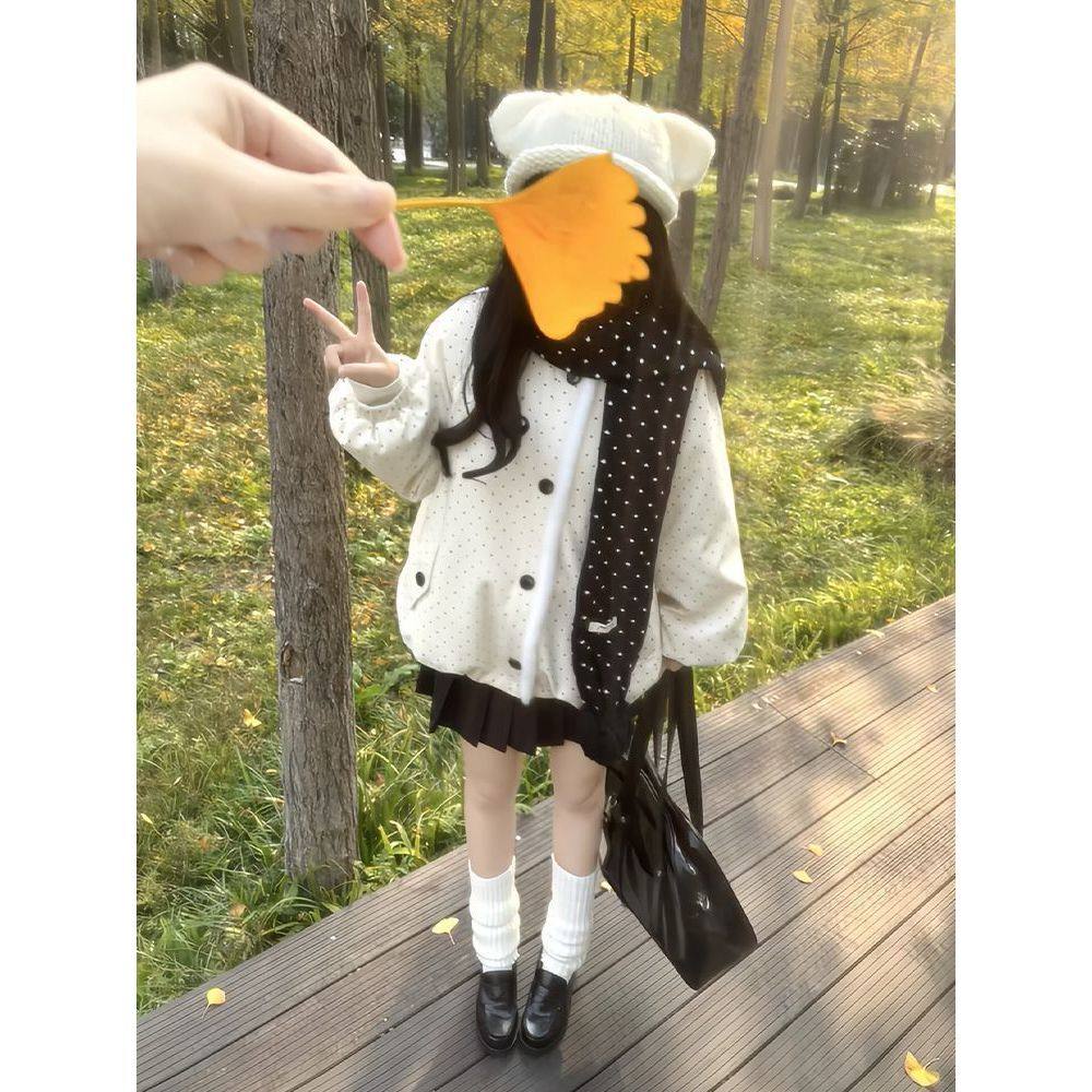 【波点杏韵】甜系可爱少女波点毛呢外套+校供感JK短裙+围巾三件套,女装/女士精品,时尚套装,淘宝优惠券,粉丝福利购,淘宝优惠卷