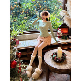 parkyeon韩系清新减龄绿色短款针织毛衣开衫高腰半身裙套装女