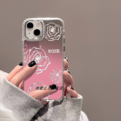 2025新款高颜值高级感浪漫粉底玫瑰iphone16PROMAX手机壳适用苹果15镜子14补妆13小众12/xr个性78P外壳xs包邮