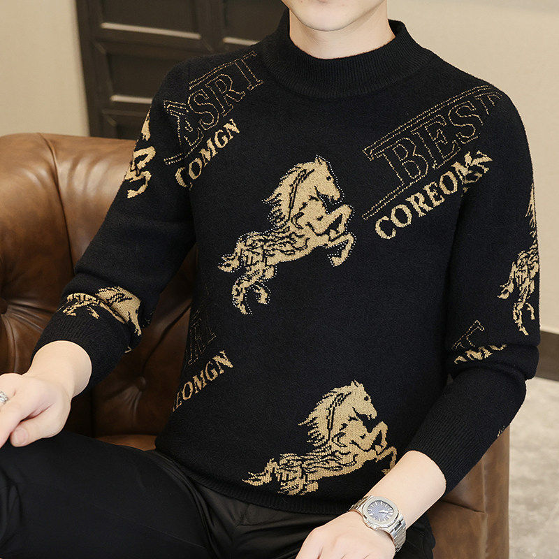 男士欧版高档烫钻战马半高领冬季保暖修身水貂绒毛衣加绒打底衫潮,男装,针织衫/毛衣,淘宝优惠券,粉丝福利购,淘宝优惠卷