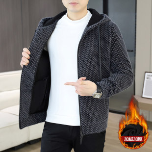 欧货冬季新款男士提花连帽拉链加绒加厚外套时尚修身百搭型男上衣