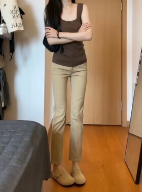 卡其色牛仔裤女春季2026新款高腰显瘦修身弹力九分窄版直筒烟管裤