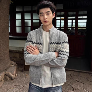 新款 灰色拉链立领开衫毛衣男款秋美式复古费尔岛提花针织外套