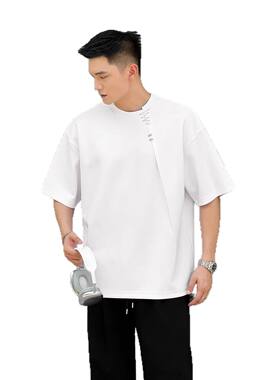 美式正肩重磅短袖恤男夏季设计感拼接宽松圆领半袖体恤T恤常规D05