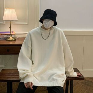 纯白色圆领毛衣冬季男oversize慵懒风高级感情侣装针织衫大衣内搭