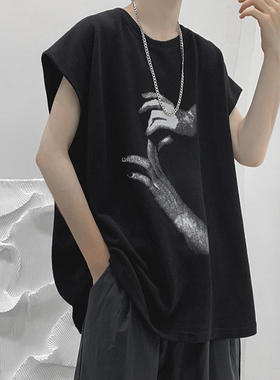 新款 恤短袖冷淡风痞帅炸街国潮嘻哈无袖背心男T恤C97套头