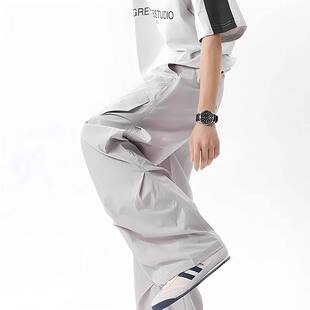 灰色冰丝速干男士夏季薄款裤子直筒宽松褶皱伞兵裤美式工装冲锋裤