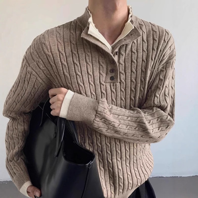 燕麦色粗麻花假两件领针织上衣男生老钱风慵懒风高级休闲长袖毛衣