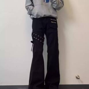 新款美式高街复古绑带黑色微喇休闲设计感潮牌显瘦修身百搭男裤子