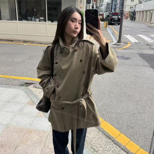 韩系2026春新款 风衣夹克外套女 复古日系英伦显瘦翻领系腰带中长款